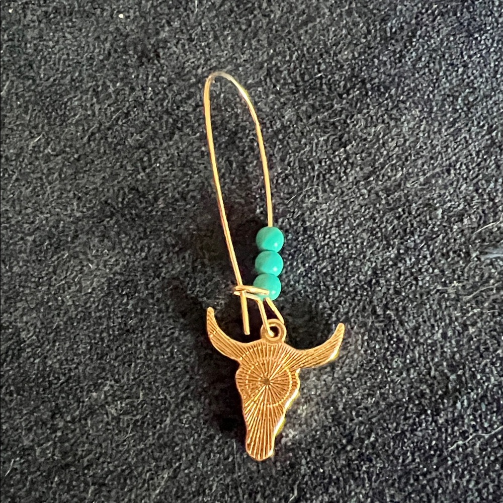 Western Cowgirl Style Blue Turquoise Beads and Floral Cow Head Dangle Earrings - Picture 3 of 3
